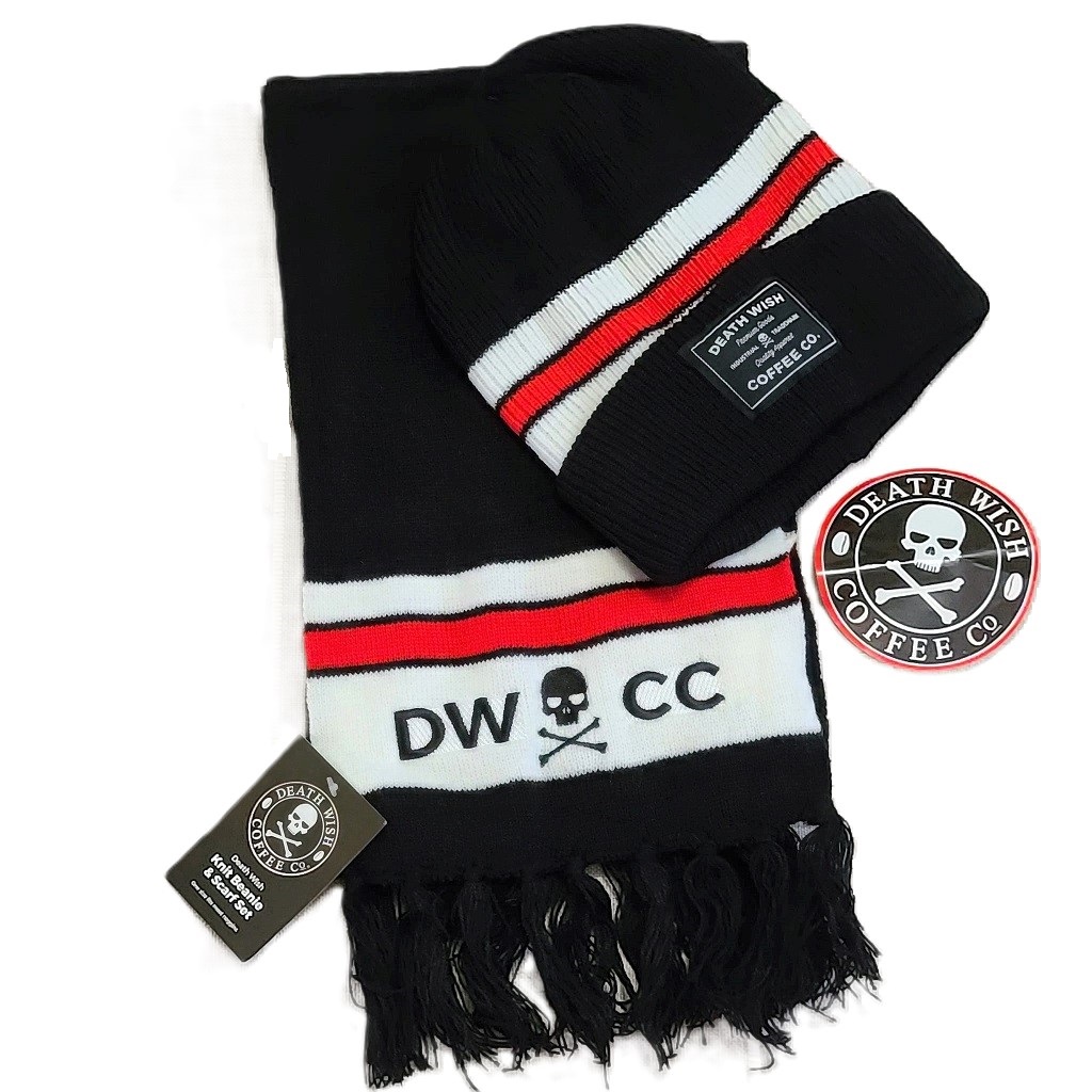 Death Wish Coffee Scarf, Beanie Hat and Sticker - Click Image to Close