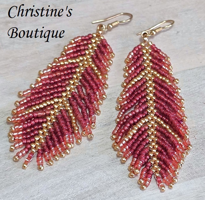 Beaded fringe earrings, handcrafted, miyuki glass beads, rasberry red glass and gold earrings - Click Image to Close