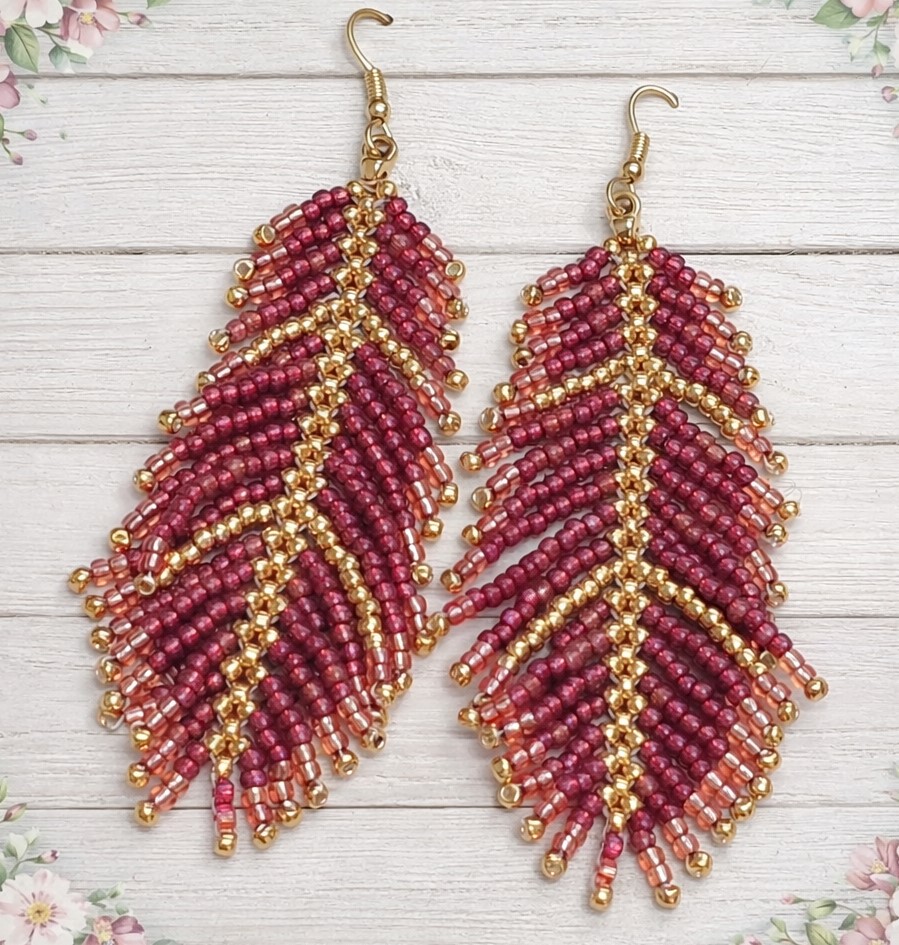 Beaded fringe earrings, handcrafted, miyuki glass beads, rasberry red glass and gold earrings