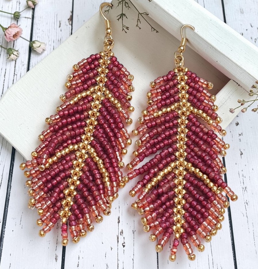 Glass Seed Bead Feather Fringe Earrings