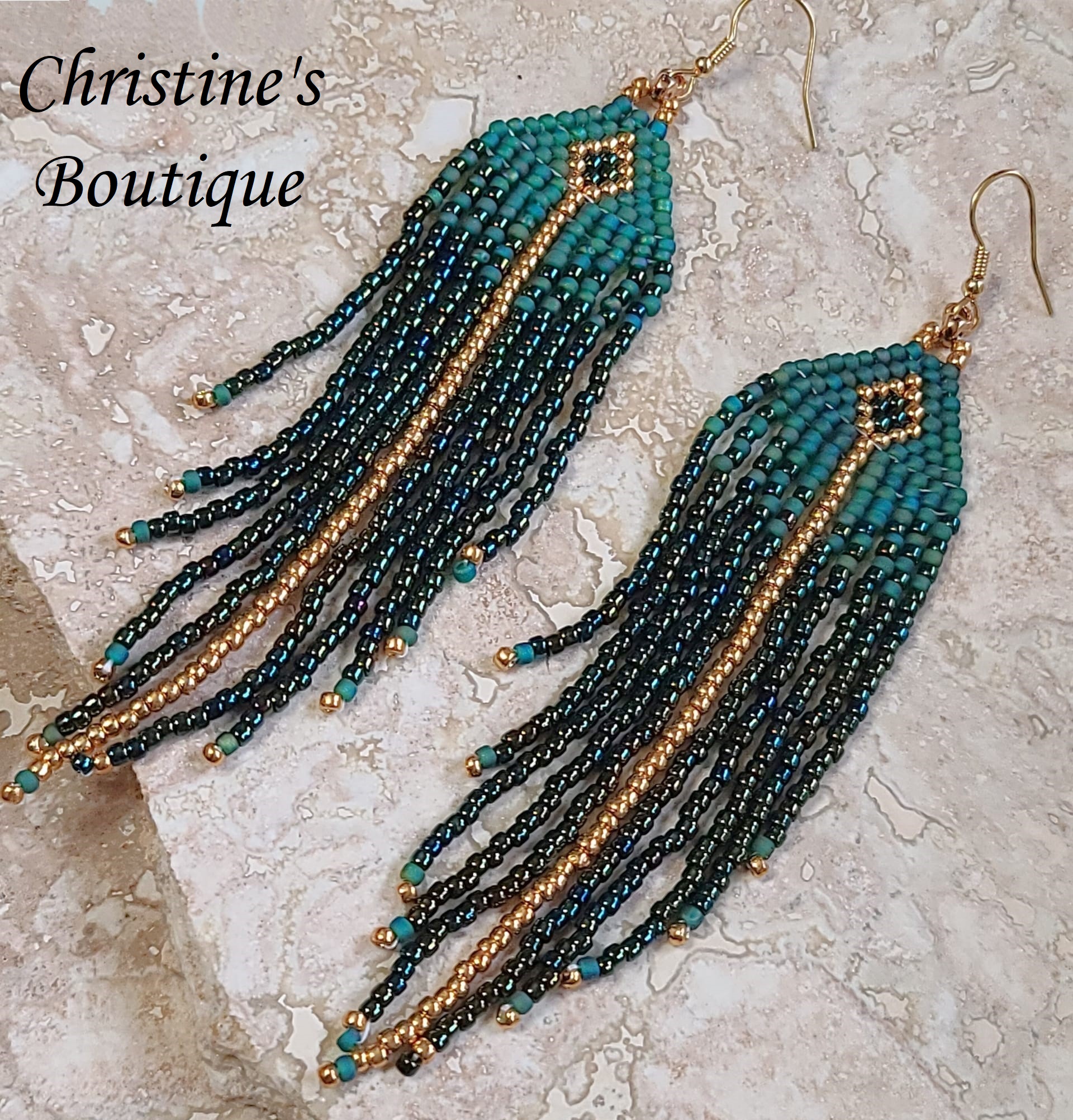 Beaded fringe earrings, handcrafted, peacock green, miyuki glass beads - Click Image to Close