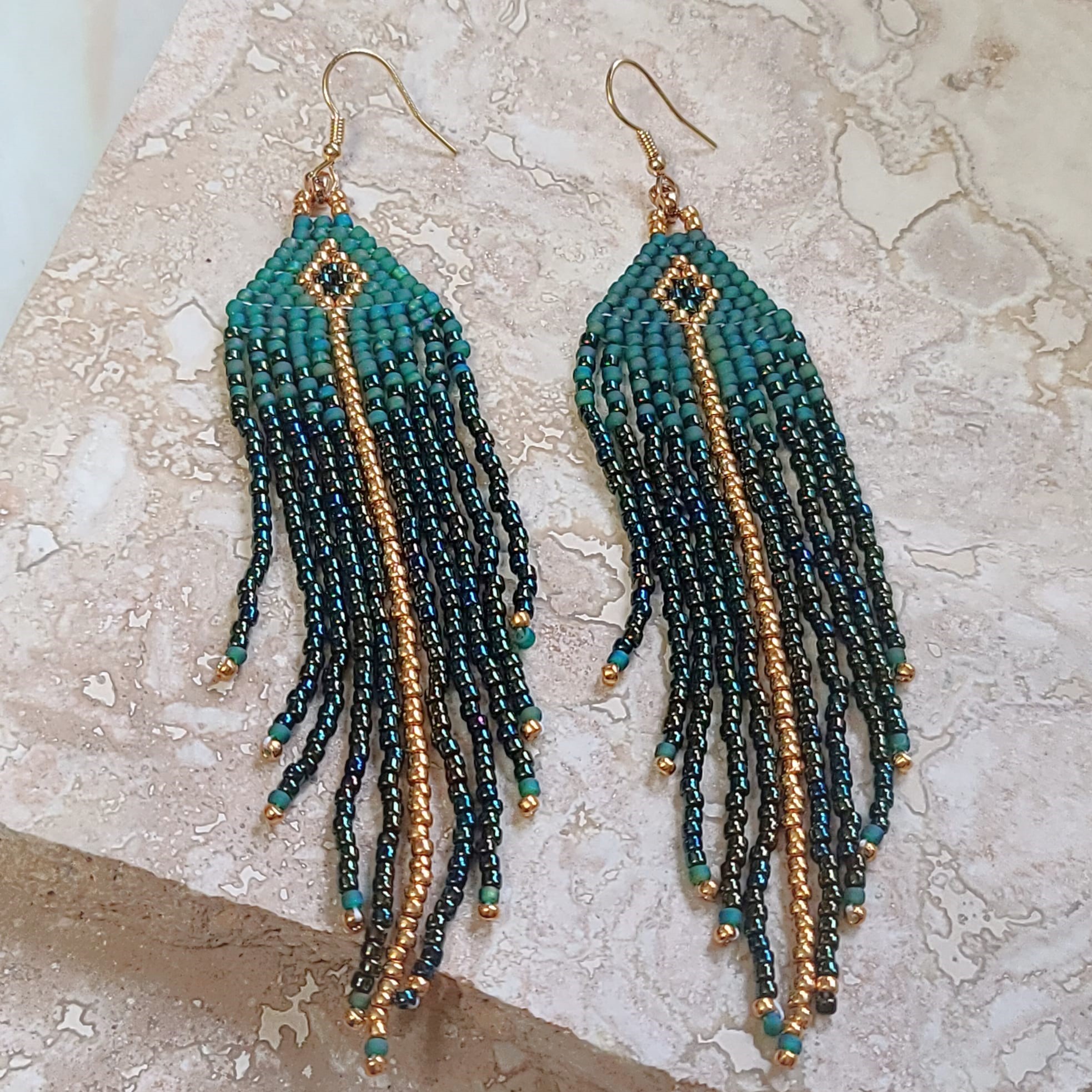 Beaded fringe earrings, handcrafted, peacock green, miyuki glass beads