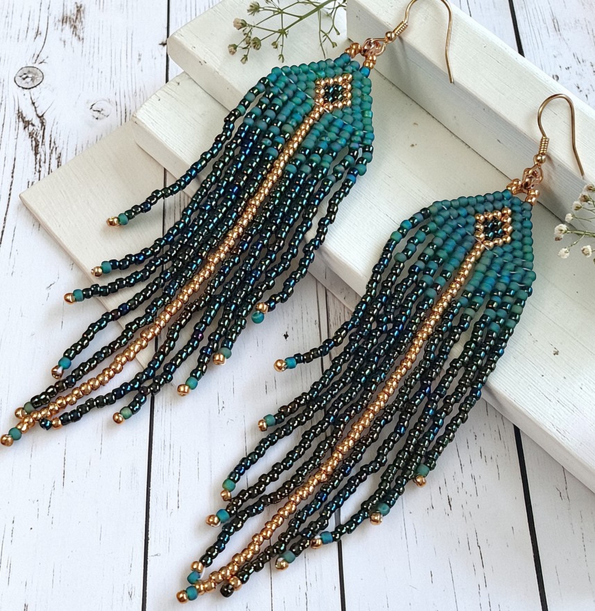 Seed Beaded fringe earrings - Peacock Green Colors