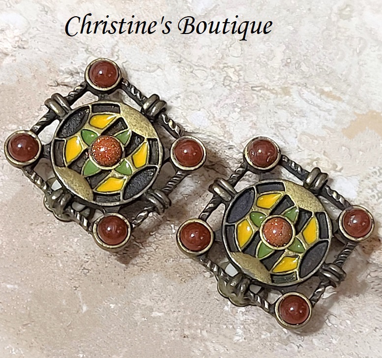 Art deco cabachon earrings, signed artist Robert Rose,vintage clip ons - Click Image to Close