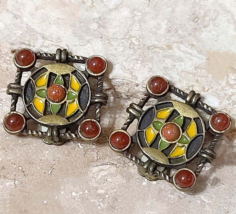 Art deco cabachon earrings, signed artist Robert Rose,vintage clip ons