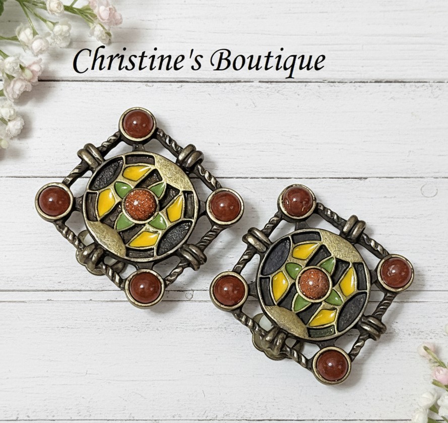 Art deco cabachon earrings, signed artist Robert Rose,vintage clip ons