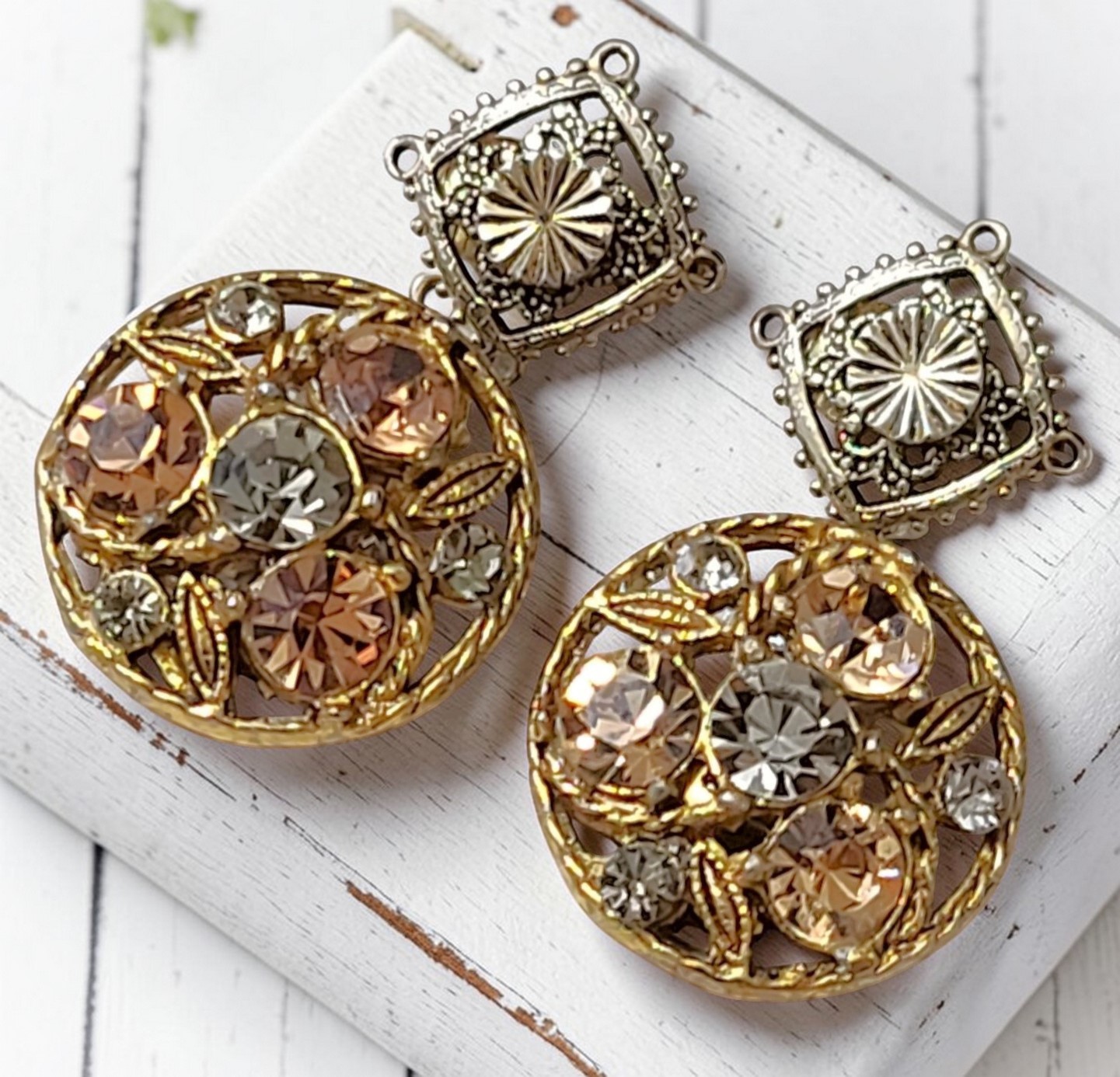 Vintage Clip on Earrings Set of 2 Topaz Rhinestones and Diamond Cut