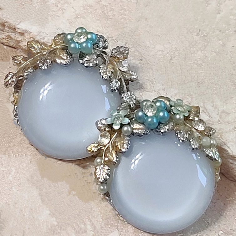 Blue moonglow earrings, with rhinestones and flowers, vintage, clip ons