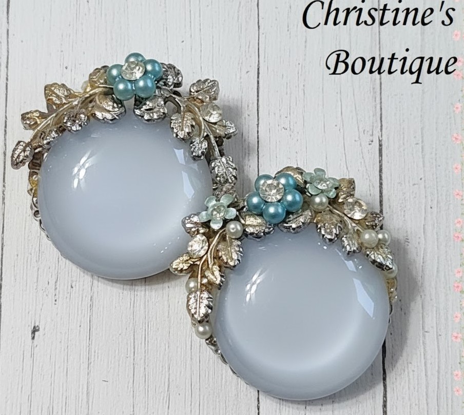 Blue moonglow earrings, with rhinestones and flowers, vintage, clip ons