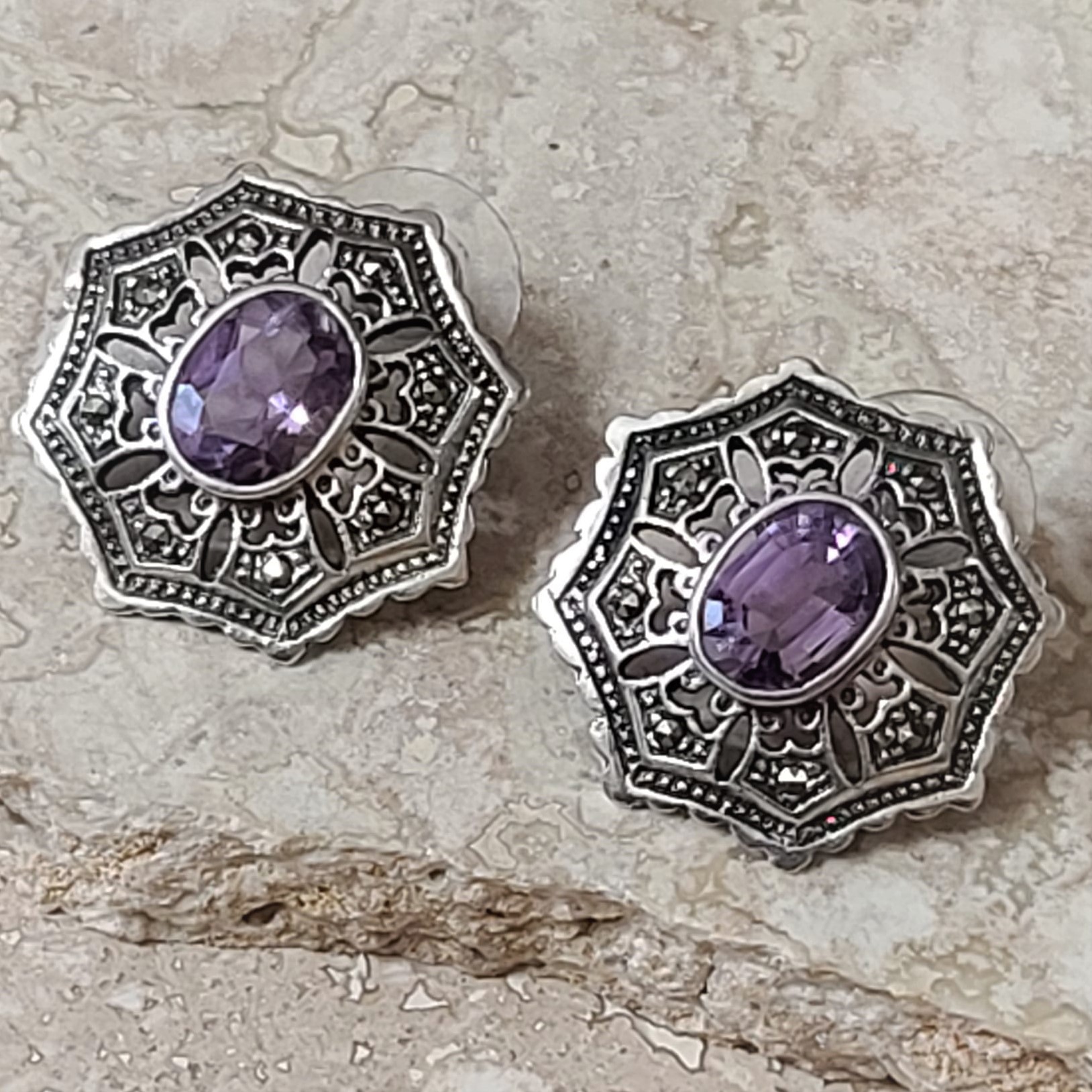 Art Deco style marcasite and amethyst gemstone earrings