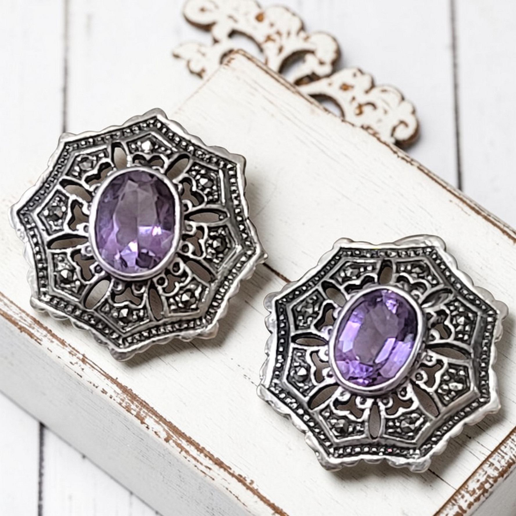 Art Deco Inspired Amethyst and Marcasite Earrings Art Deco Inspired Amethyst and Marcasite Earrings