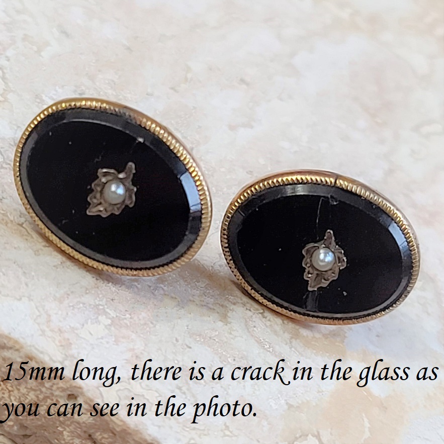Antique 1940's 14kt gold earrings, black canphor glass with center pearl , 15mm oblong shape