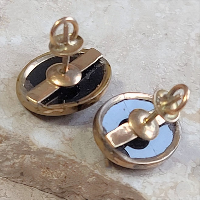 Antique 1940's 14kt gold earrings, black canphor glass with center pearl , 15mm oblong shape