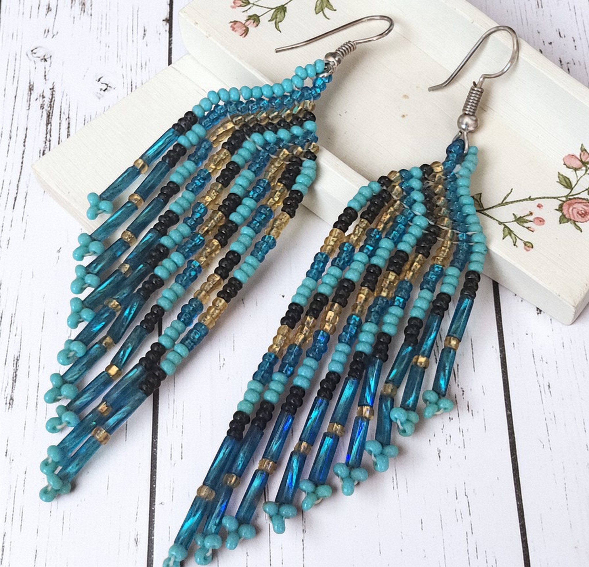 Handmade Seed Bead Dangle Fringe Earrings