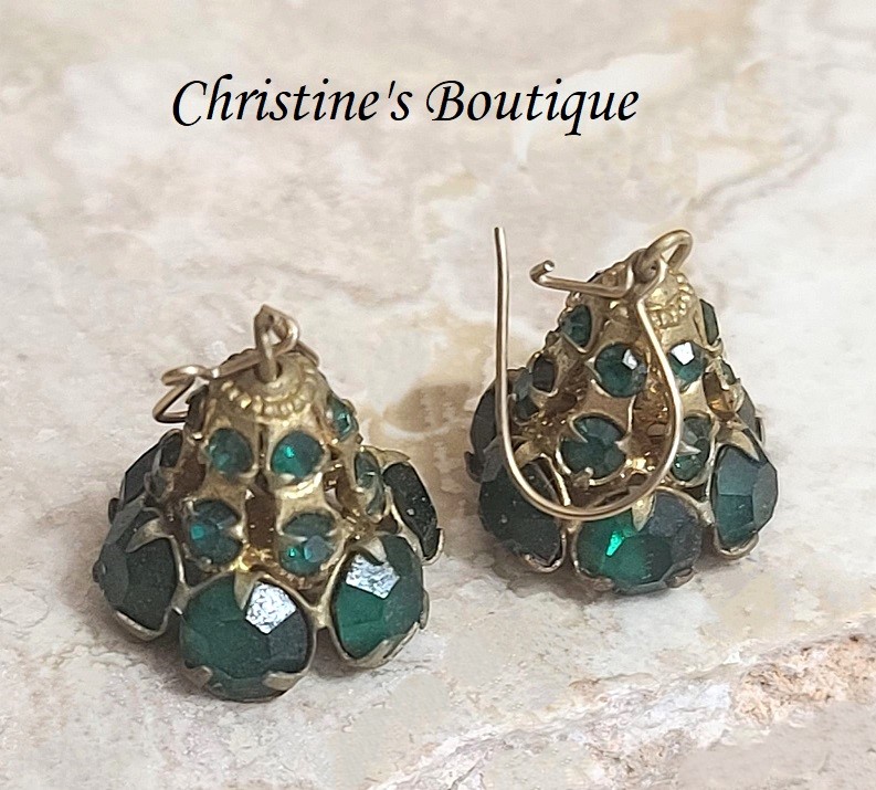 Green rhinestone earrings, bell shaped, vintage pierced earrings - Click Image to Close