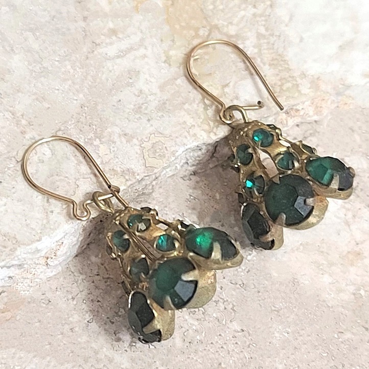Green rhinestone earrings, bell shaped, vintage pierced earrings