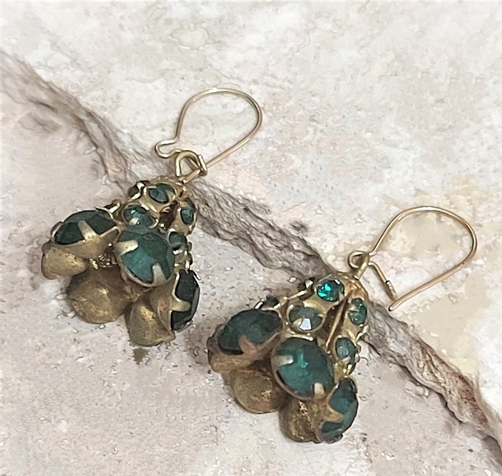 Green rhinestone earrings, bell shaped, vintage pierced earrings