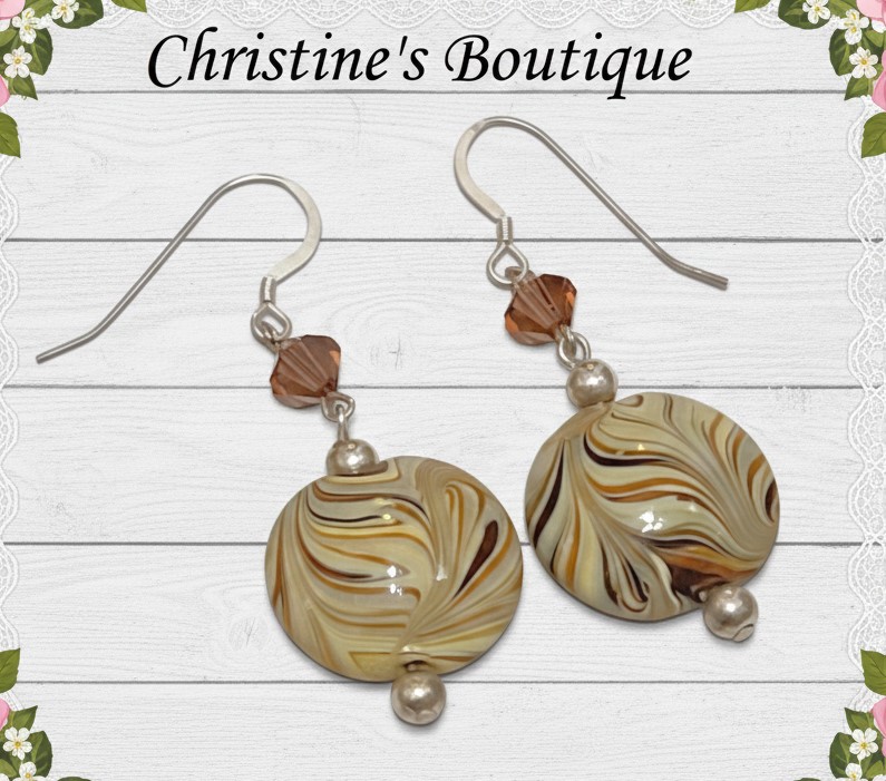 Swirl glass bead and austrian crystal accent dangle earrings with sterling silver ear hooks Swirl glass bead and austrian crystal accent dangle earrings with sterling silver ear hooks