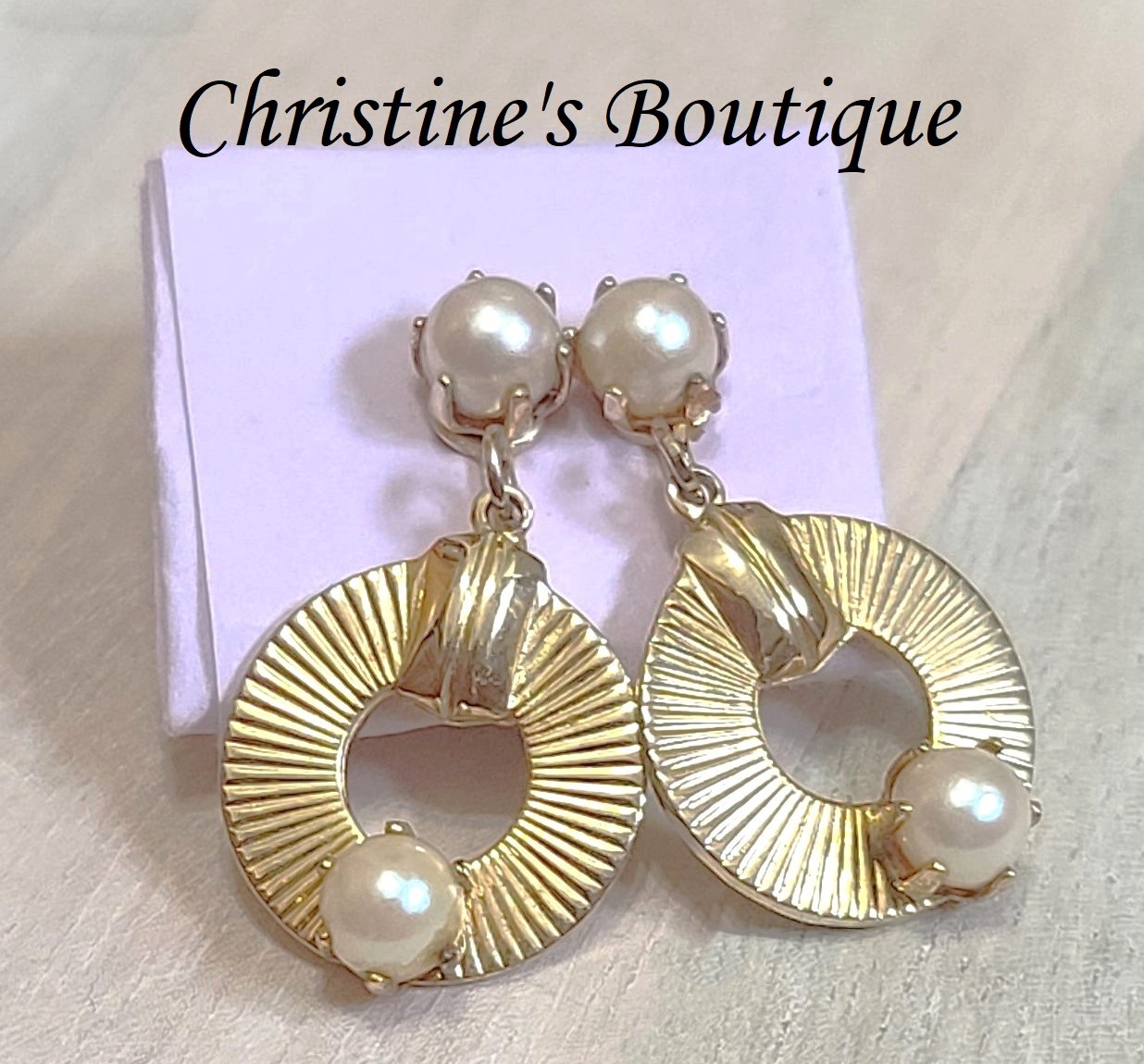 Vintage pearl hoops with goldtone finish, clip on earrings - Click Image to Close