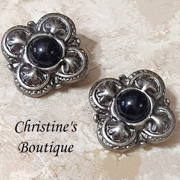 Black button earrings, vintage clip ons - Click Image to Close