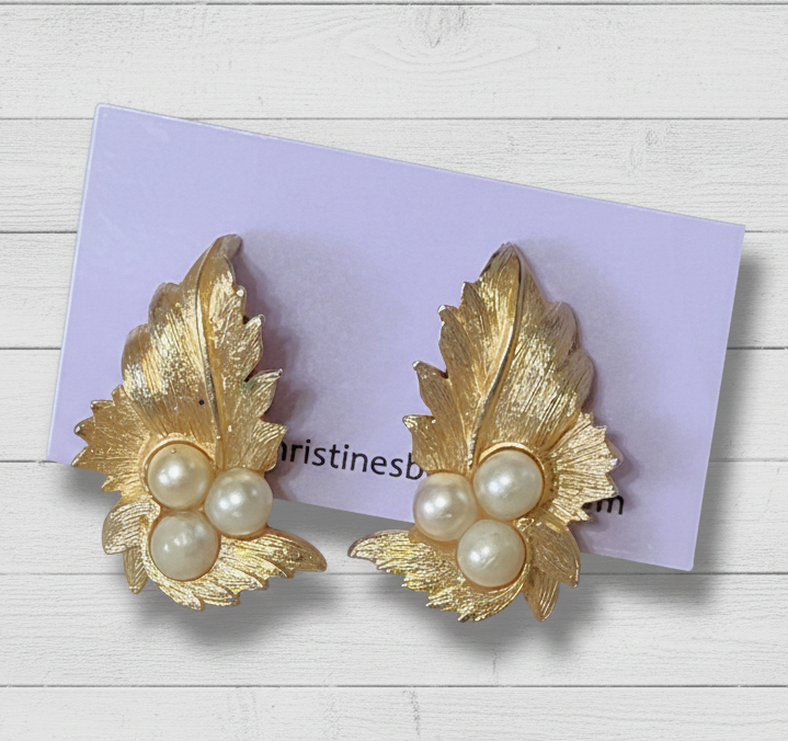 Leaf vintage earrings, clip ons, with pearl accents