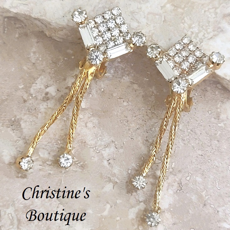 Rhinestone dangle earrings, vintage clip on style - Click Image to Close