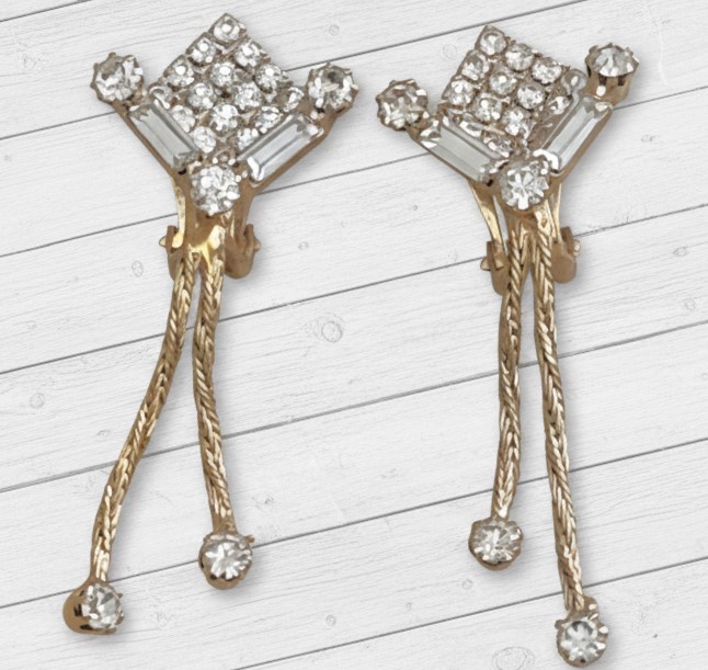 Rhinestone dangle earrings, vintage clip on style