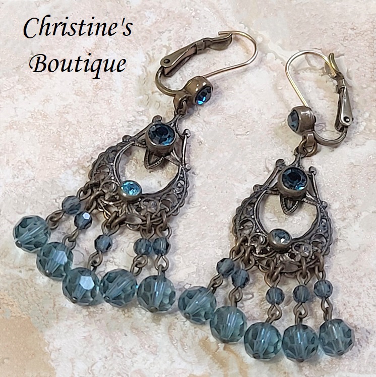 Victorian rhinestone earrings, with blue rhinestones, antique look dangle pierced earrings - Click Image to Close