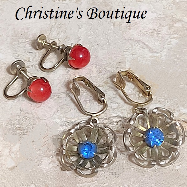 Clip on and screw back earrings, vintage, set of 2, red stud and blue rhinestone flower