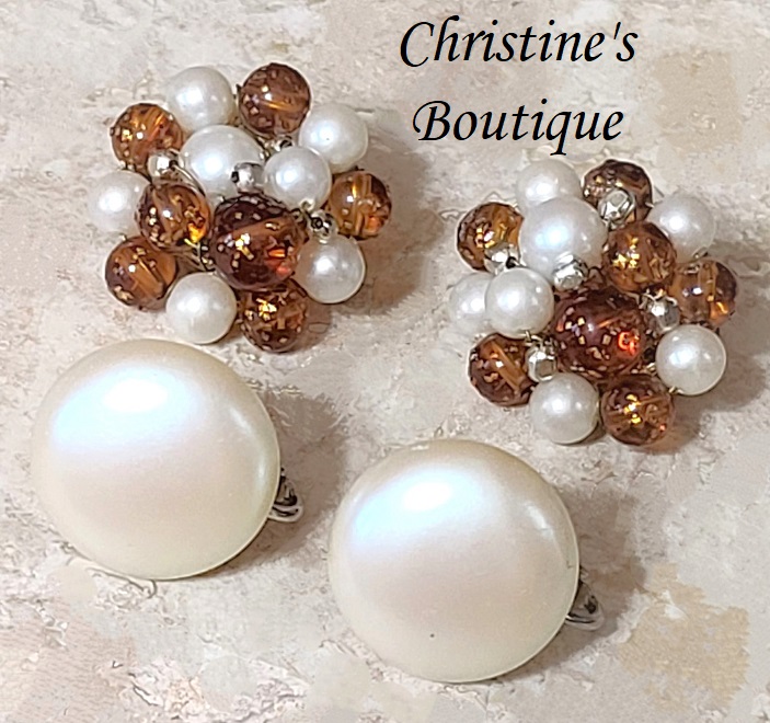 Clip on and screw back earrings, vintage, set of 2, pearl button style and beaded cluster