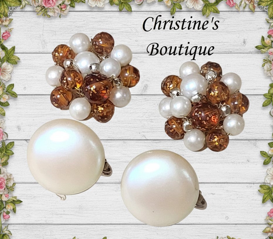 Clip on and screw back earrings, vintage, set of 2, pearl button style and beaded cluster