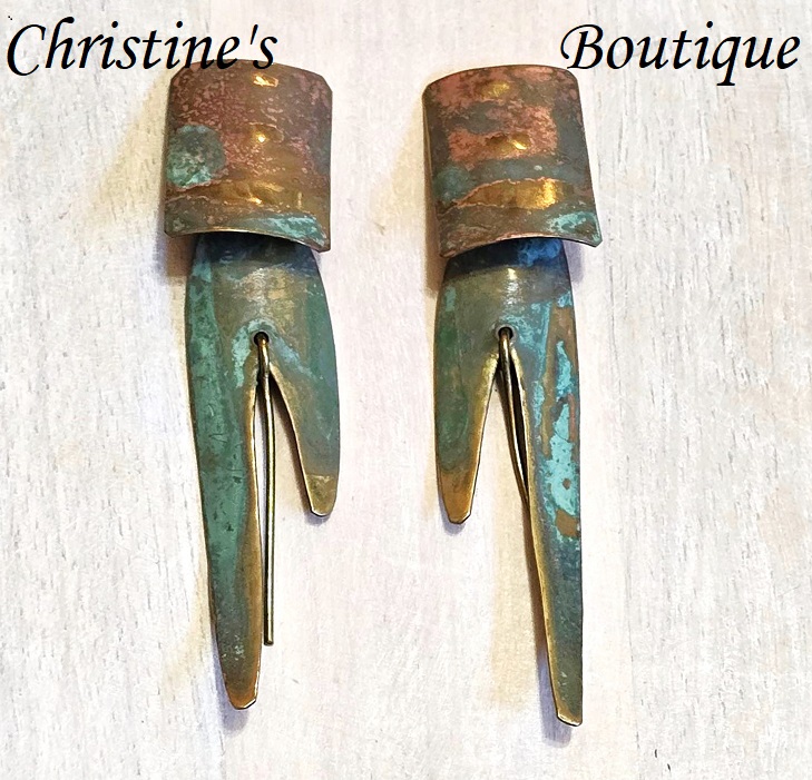 Turquoise patina copper earrings, modern design, pierced earrings