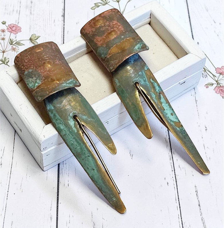 Turquoise and Copper Patina Abstract Earrings Pierced