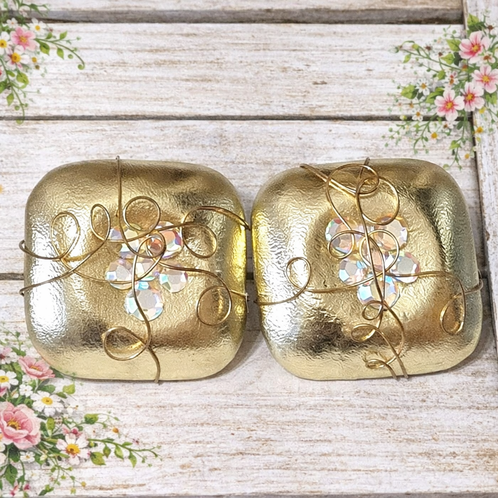 Gold metallic leather, with wire wrapping with aurora borealis cabachons, square clip on earrings