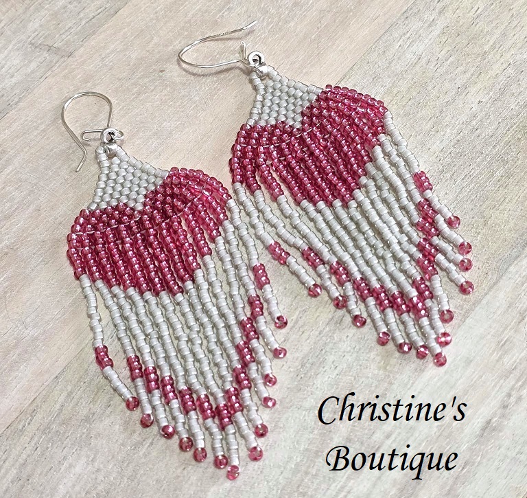 Beaded fringe earrings, handcrafted, heart design, miyuki glass beads - Click Image to Close