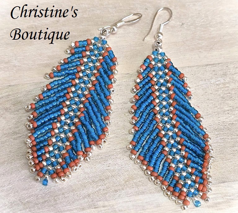 Beaded fringe earrings, handcrafted, miyuki glass beads, turquoise and terra cotta, southwest flair earrings - Click Image to Close