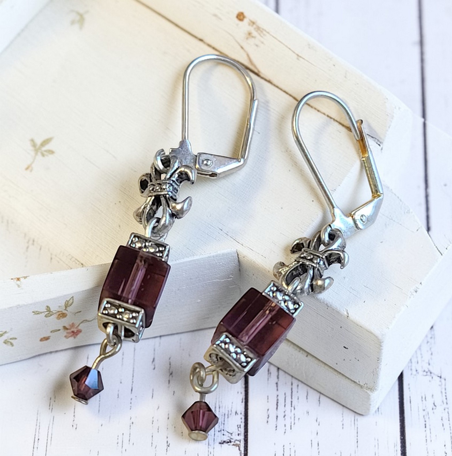 Purple Glass Beaded Fleur-De-Lis Earrings