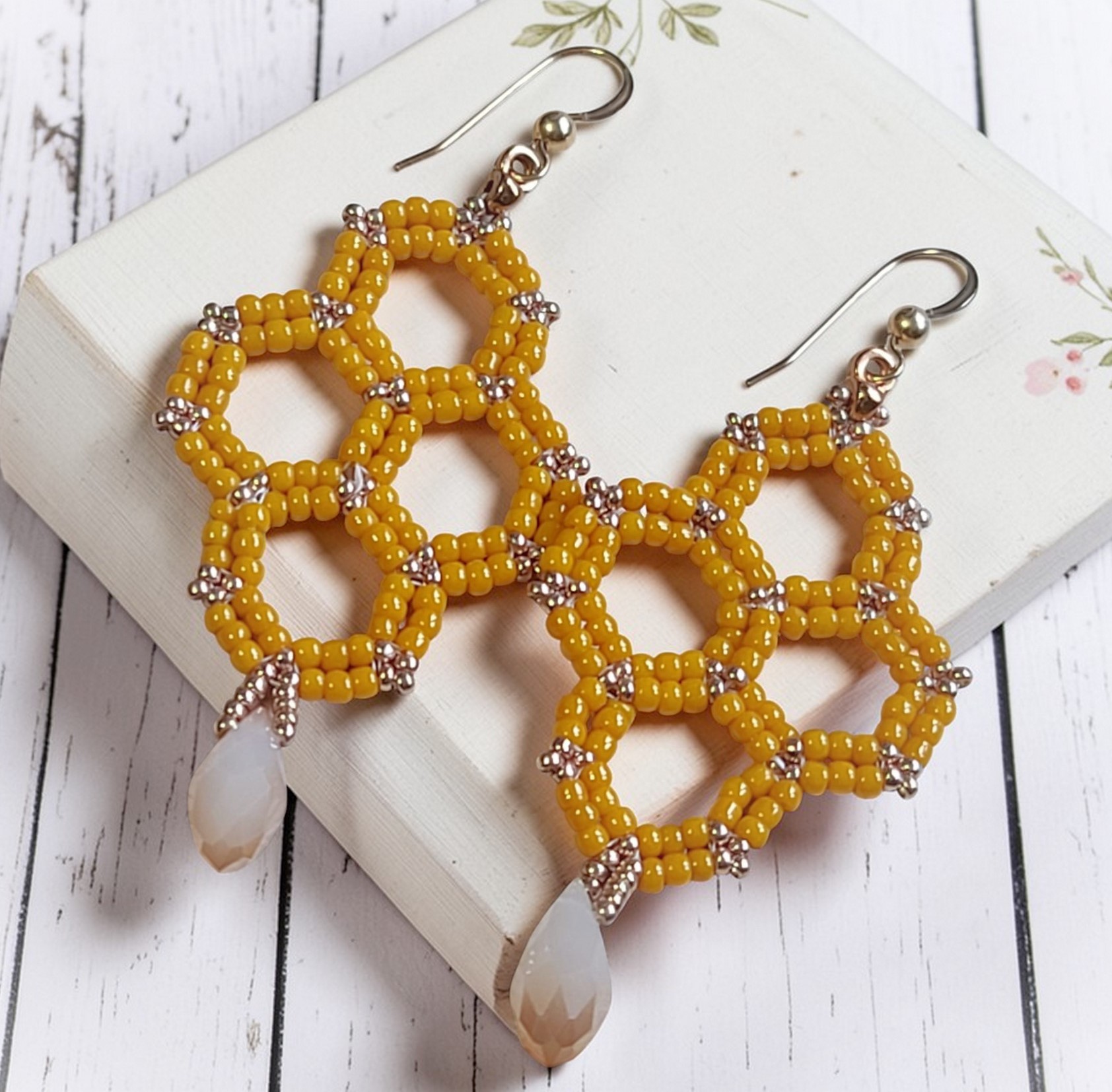 Seed Bead Honeycomb Design Earrings 24kt Gold fill Ear Hooks