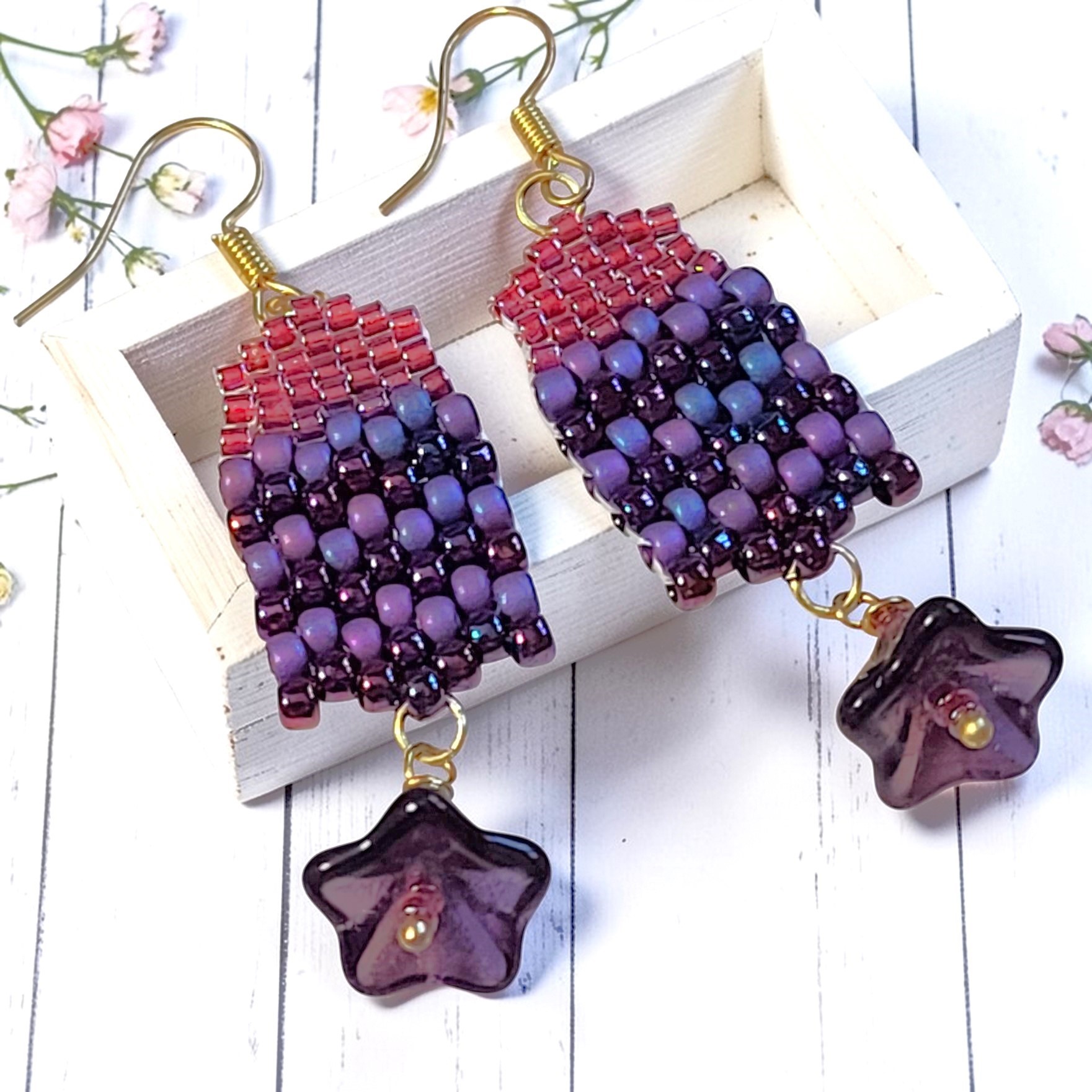 Purple and Pink Glass Dangle Earrings Handcrafted