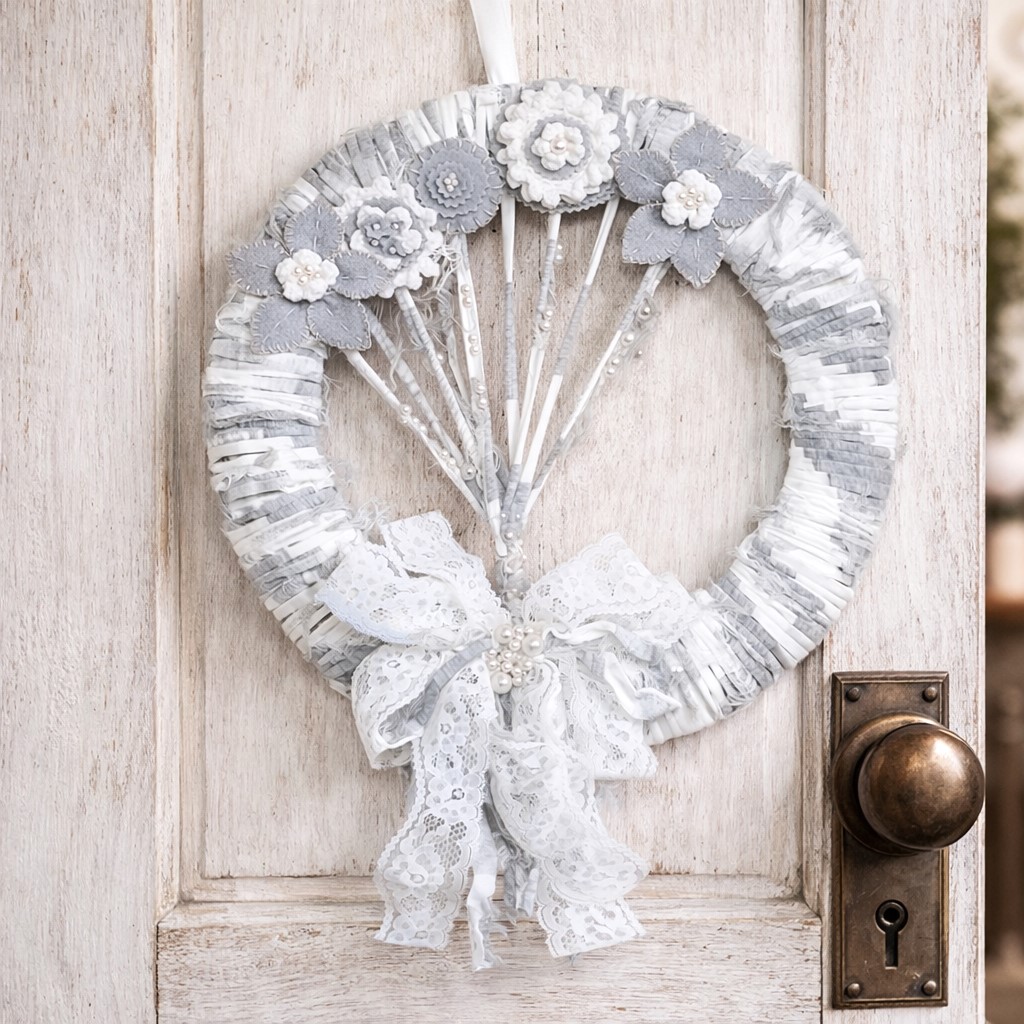 Shabby chic Tree of ife handmade wreath with felt mixed textiles