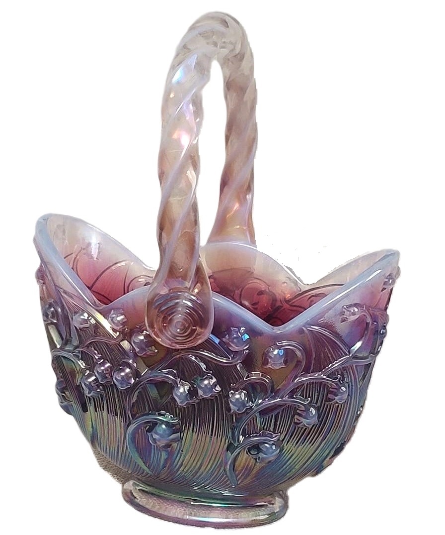 Fenton Pink/Red Carnival glass iridescent basket - Click Image to Close