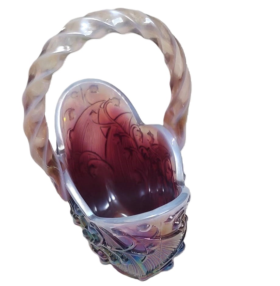 Fenton Pink/Red Carnival glass iridescent basket