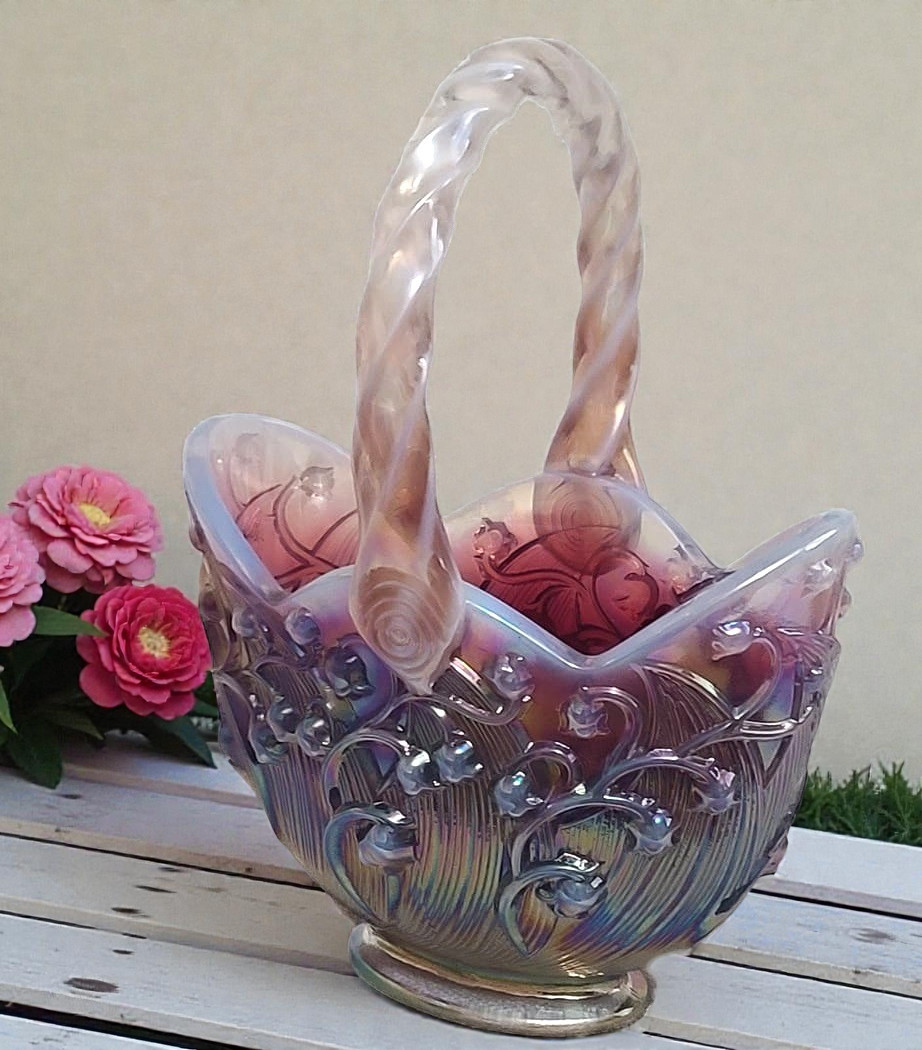 Fenton Pink/Red Carnival glass iridescent basket