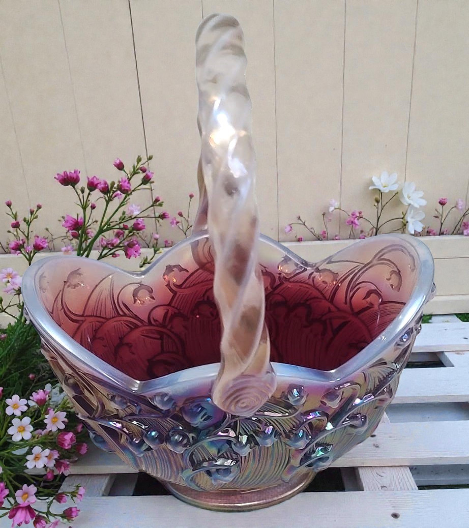 Fenton Pink/Red Carnival glass iridescent basket - $65.00