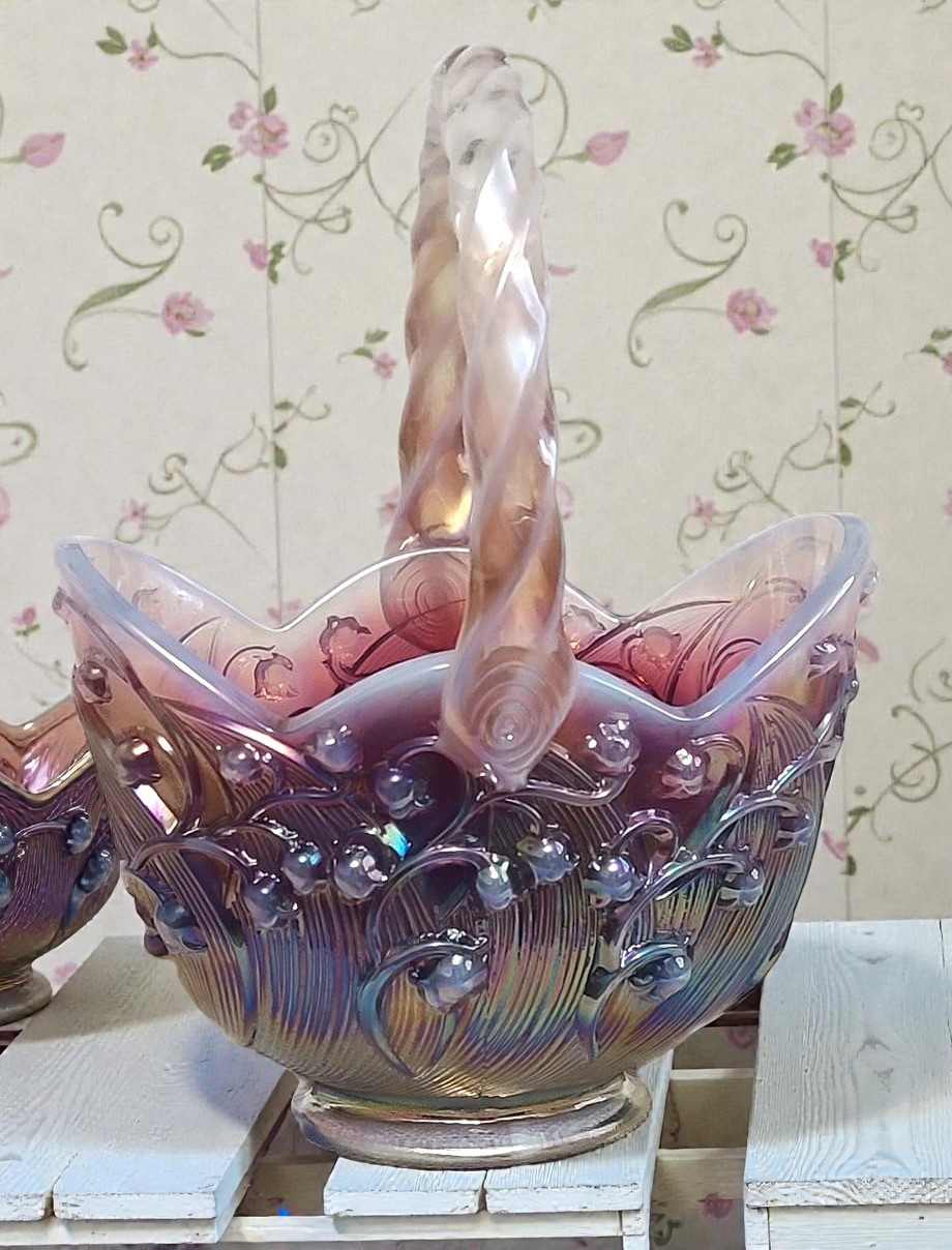 Fenton Pink/Red Carnival glass iridescent basket - $65.00