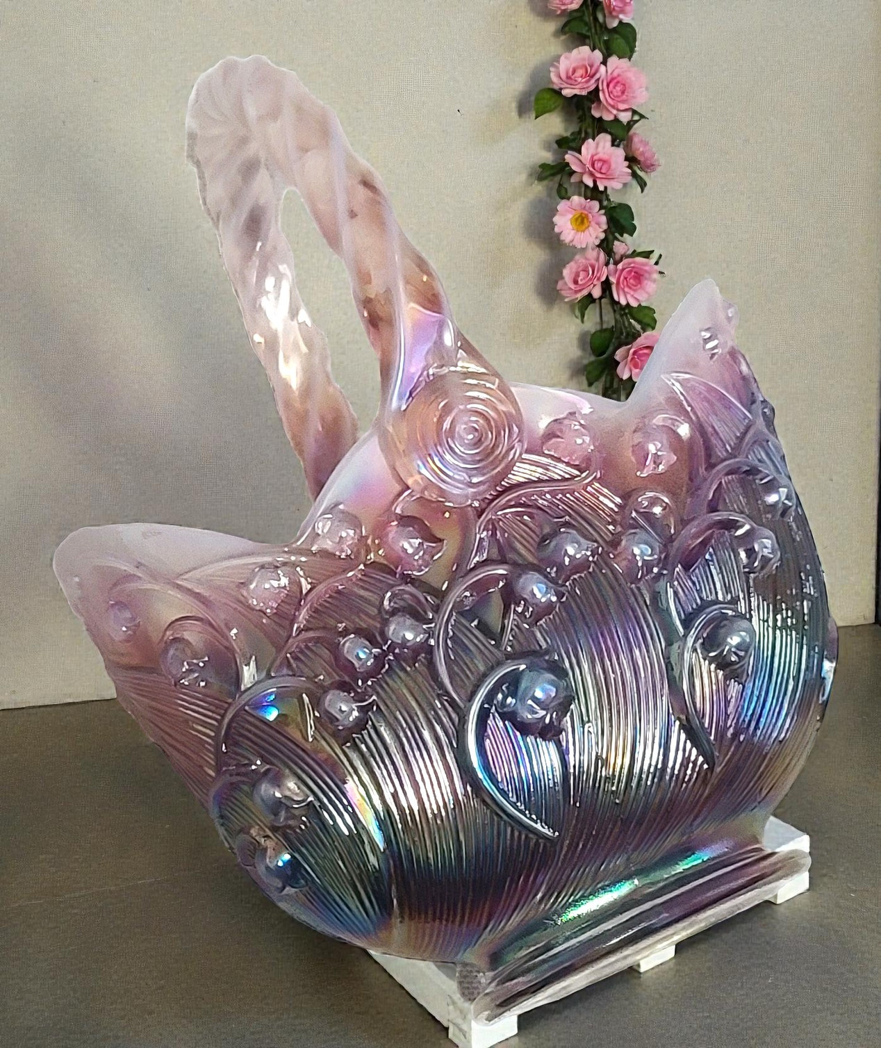 Fenton Pink/Red Carnival glass iridescent basket - $65.00