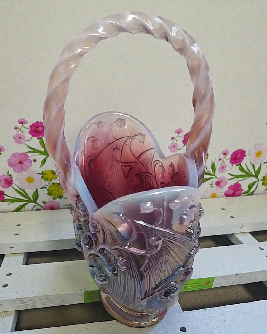 Fenton Pink/Red Carnival glass iridescent basket - $65.00
