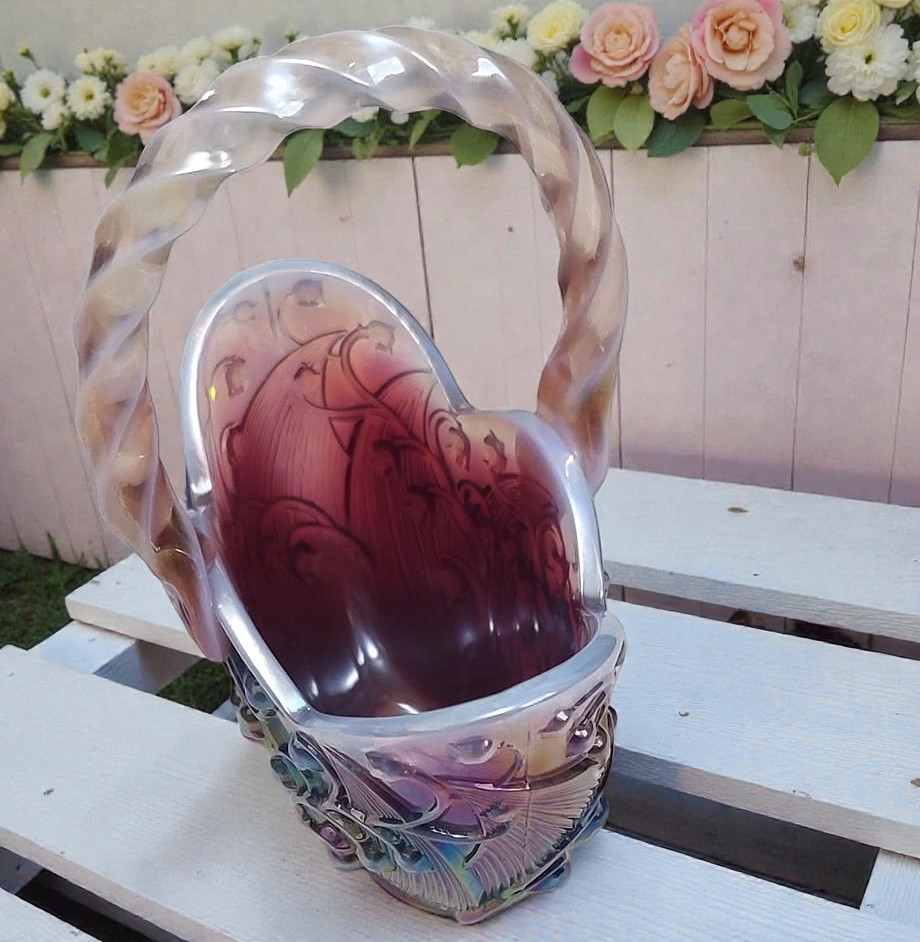 Fenton Pink/Red Carnival glass iridescent basket - $65.00