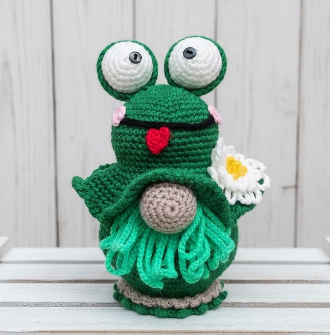 Handmade Crochet Gnome, Frog Gnome, Frog and Gnome