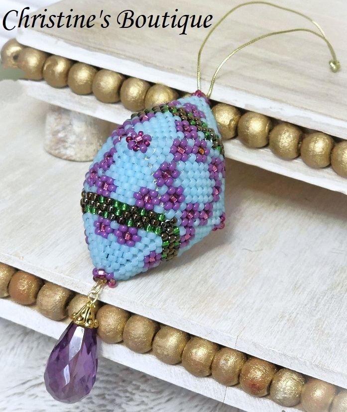 Beaded ornament, handmade, miyuki glass beads, art deco gardent flowers design - Click Image to Close